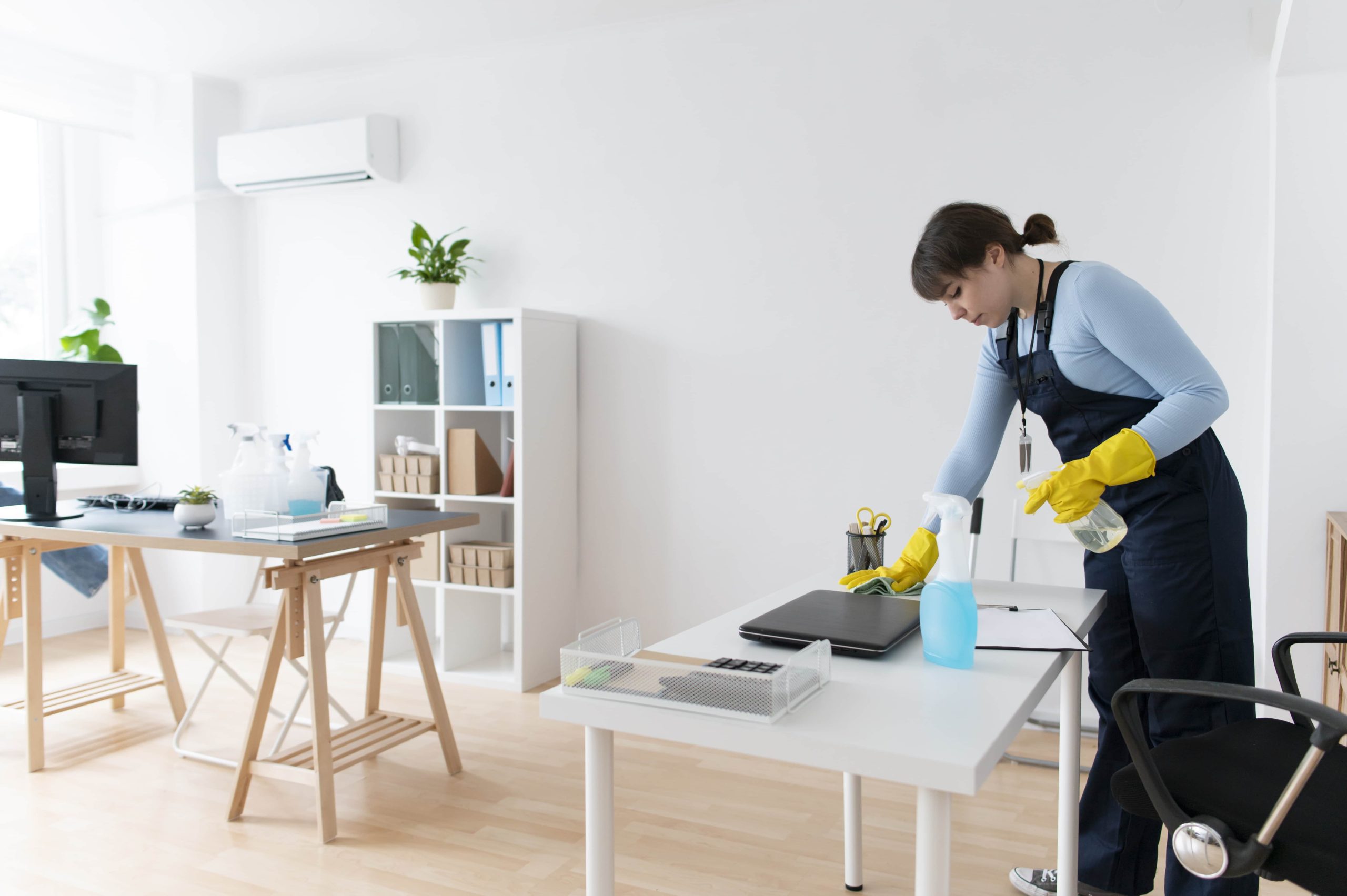 female professional cleaner cleaning an office desk