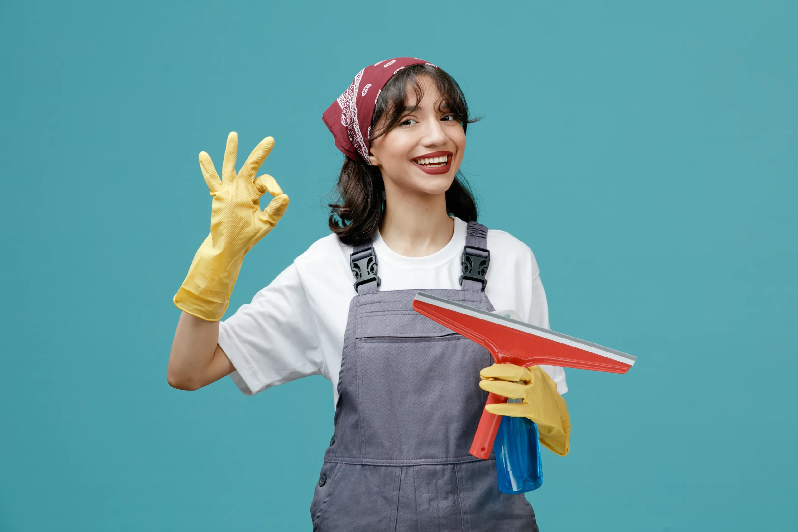 smiley female professional cleaner wearing a bandana and cleaning gloves while holding cleaning products