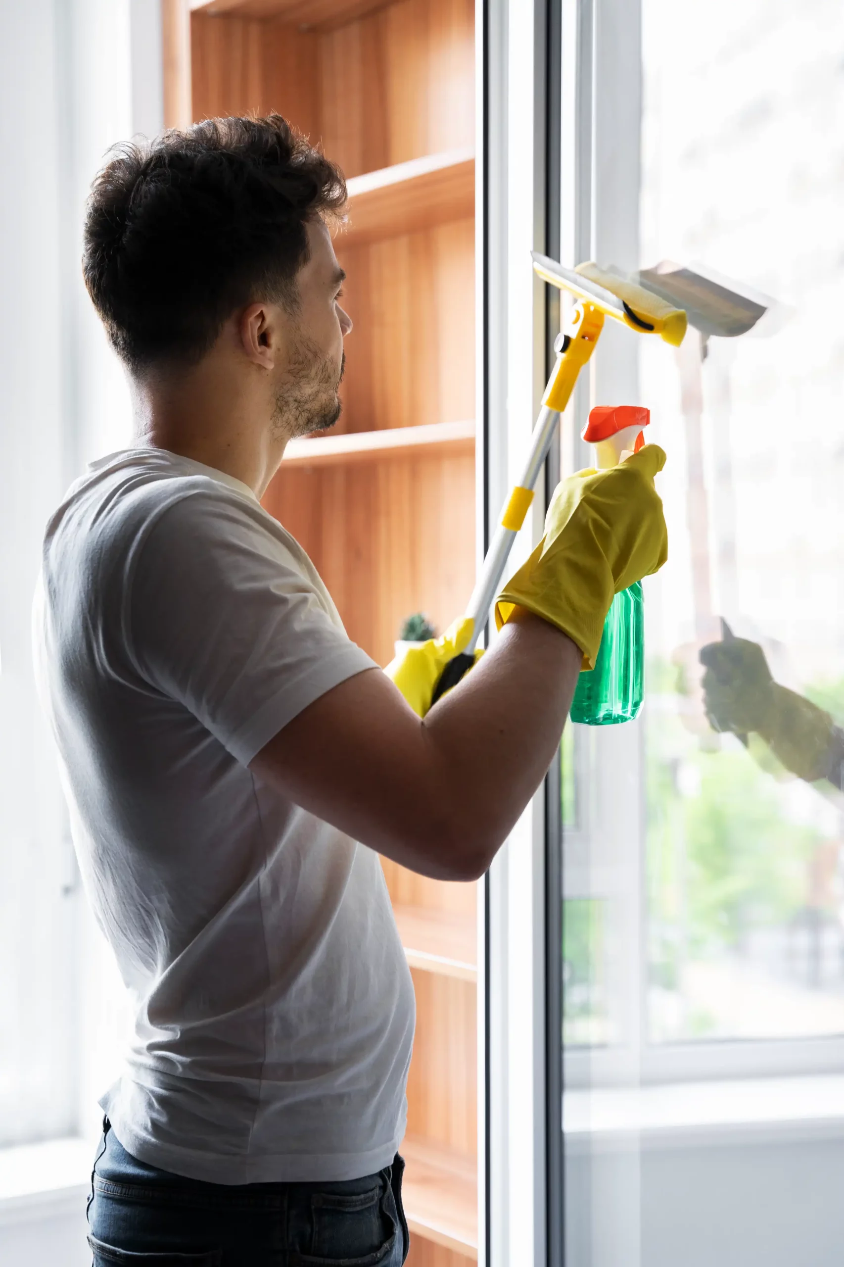 young man cleaning a window with tools and cleansers