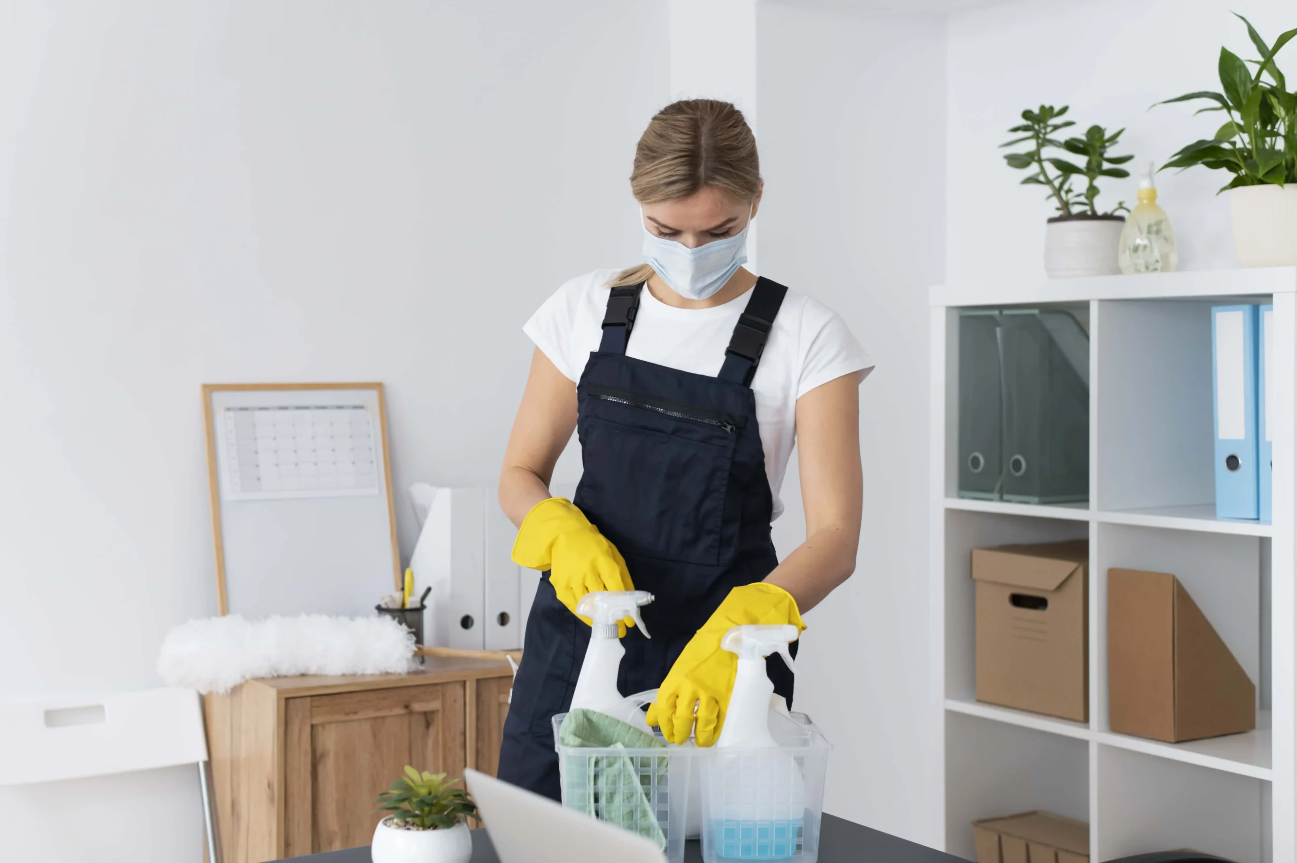 young female professional cleaner wearing a mask and gloves picking the cleaning equipment from the basket