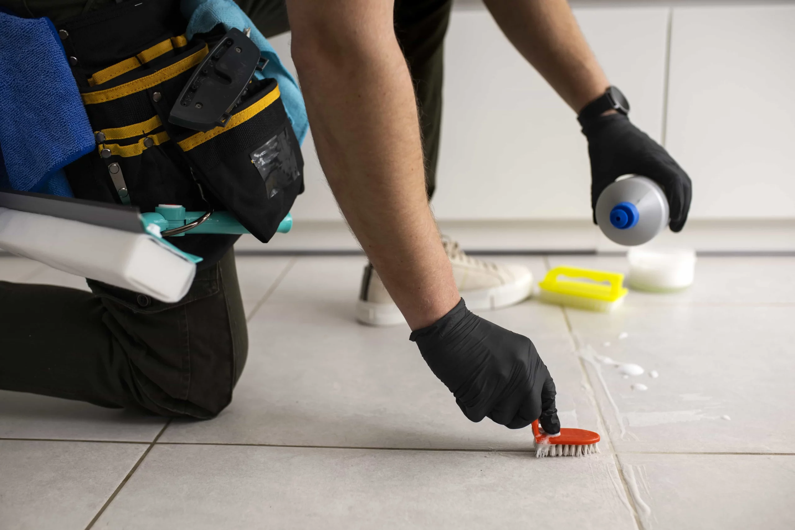 man using a scrubber to clean the grout on tile floor