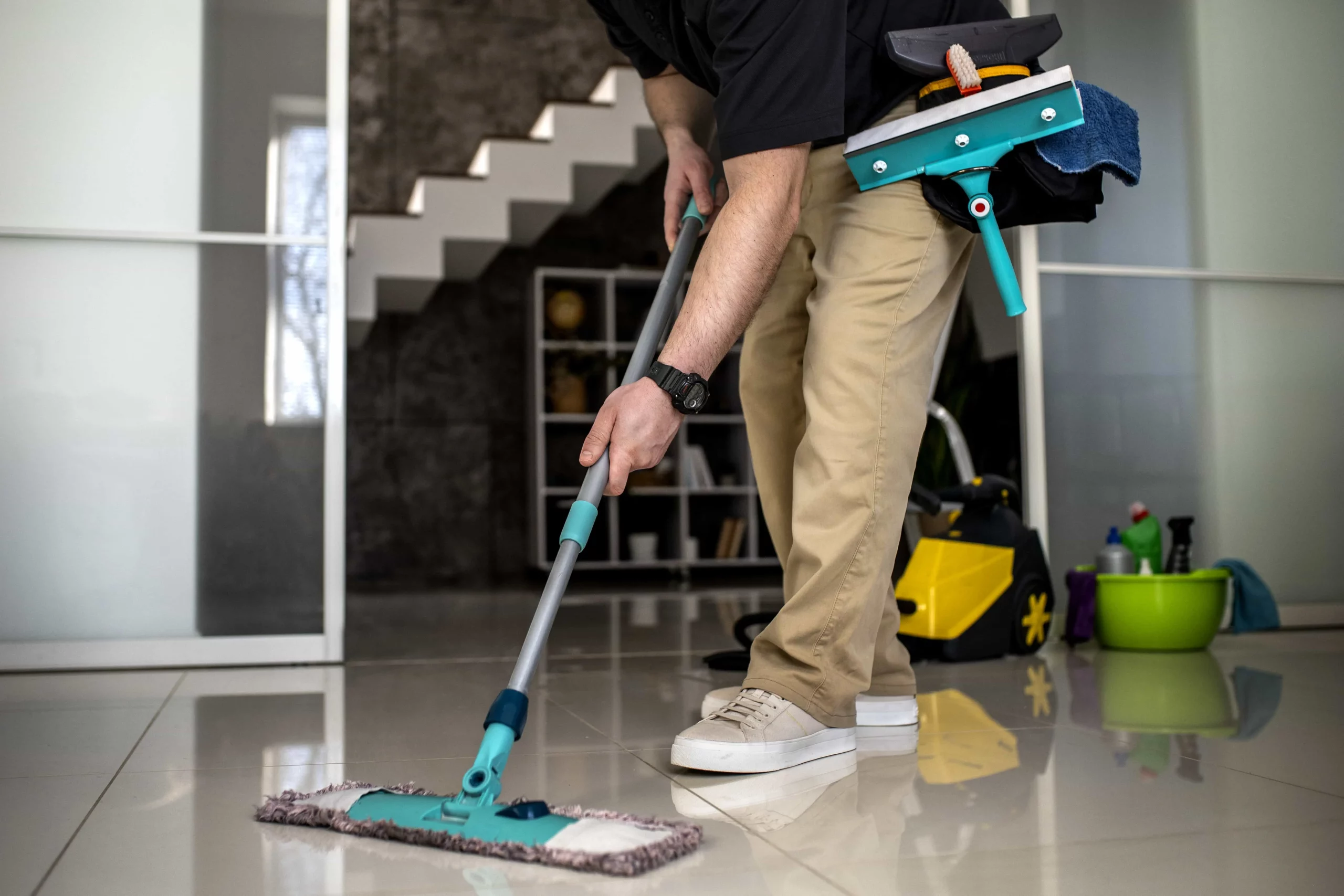 man mopping the house floor with a bag of cleaning products around his waist