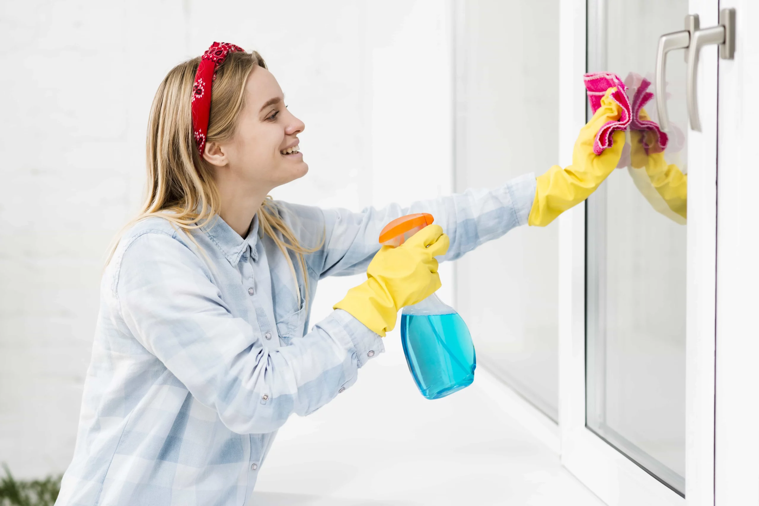 young woman smiling while cleaning the windows with a wipe and a cleanser