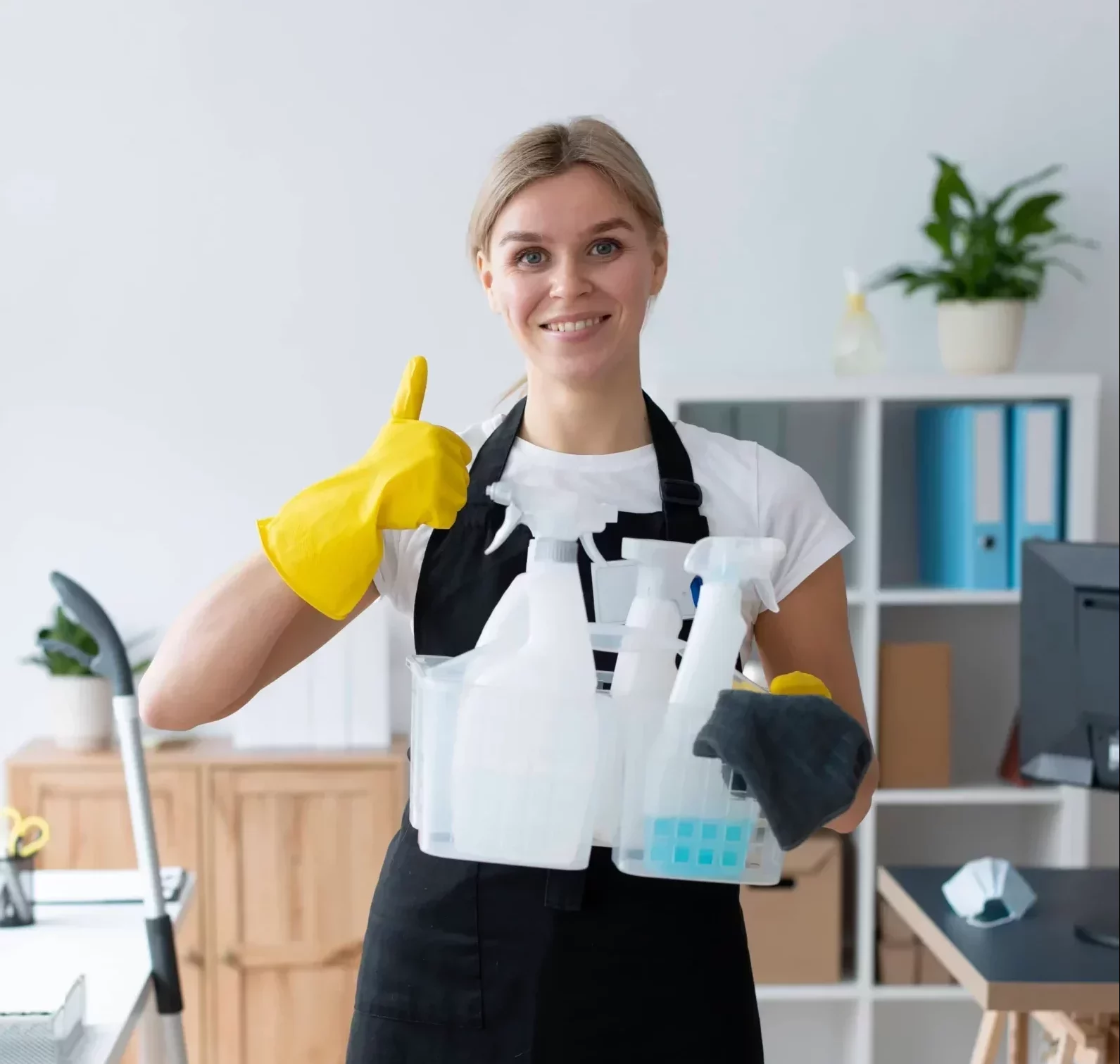 cleaning lady smiling showing thumbs up holding cleaning products