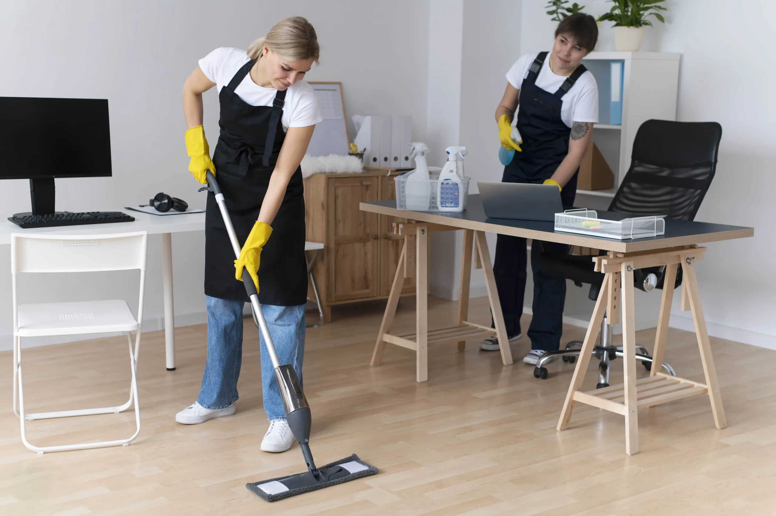 two professional cleaning ladies cleaning an office