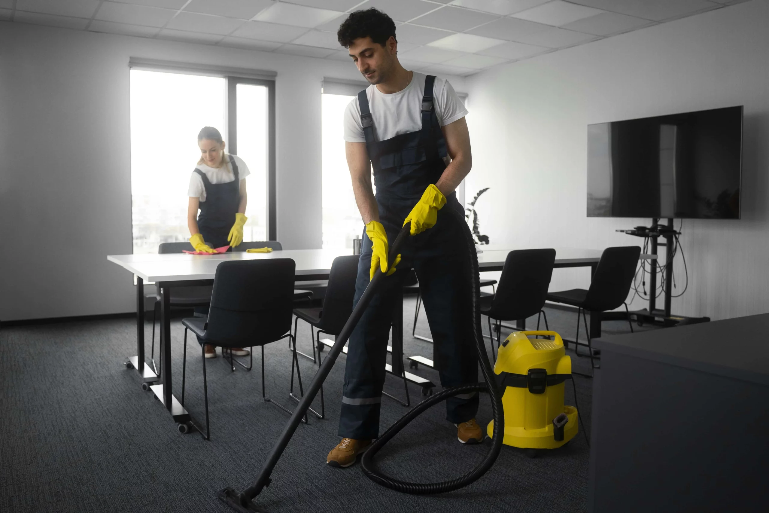 two professional cleaners using vacuum cleaner and cleaning cloth to clean an office