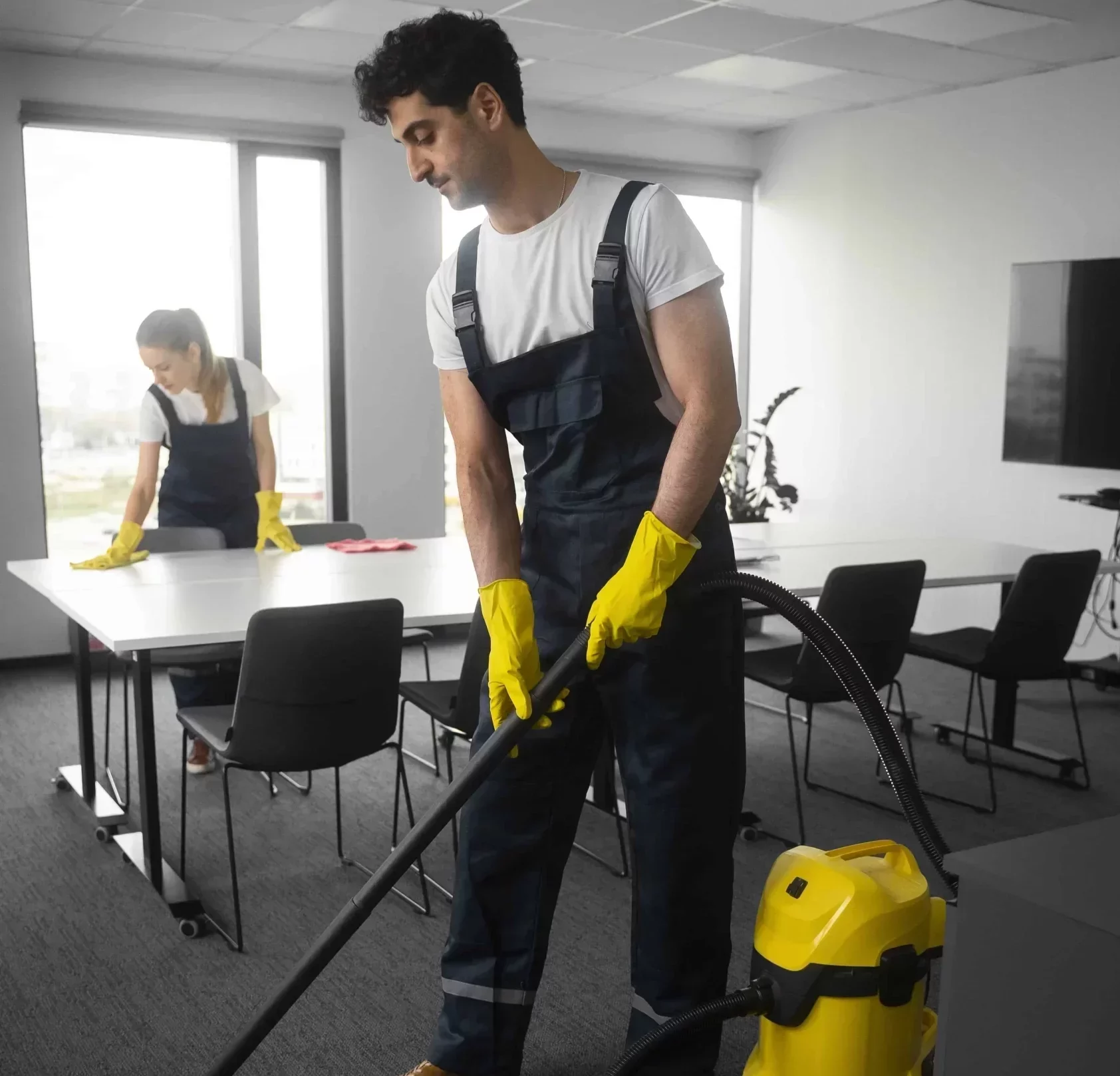two professional cleaners doing office cleaning