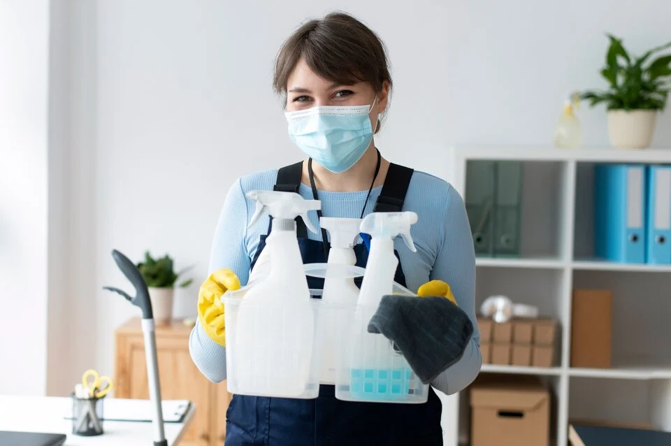 female professional cleaner wearing mask and gloves while holding a basket full of cleaning products