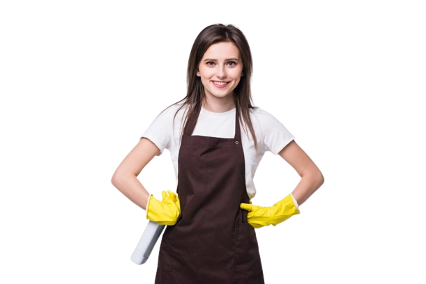 basement-cleaning-banner A smiling woman in a brown apron and yellow gloves stands confidently, representing VV Maids Cleaning Services in NY.