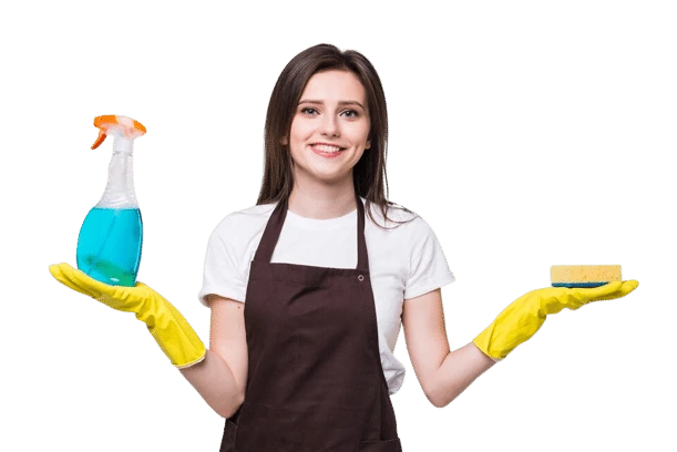 A smiling woman in yellow gloves holds a spray bottle and sponge, representing VV Maids Cleaning Services in NY.