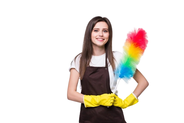 A smiling woman in yellow gloves holds a colorful duster, representing VV Maids Cleaning Services in NY.