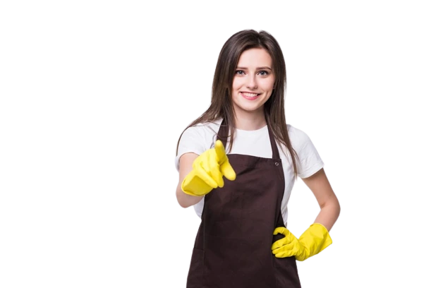 moving-cleaning-banner A smiling woman in yellow gloves and a brown apron points confidently, representing VV Maids Cleaning Services in NY.