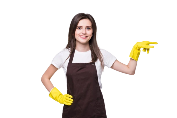 office-cleaning-banner A smiling woman in a brown apron and yellow gloves poses against a black background, representing VV Maids Cleaning Services in NY