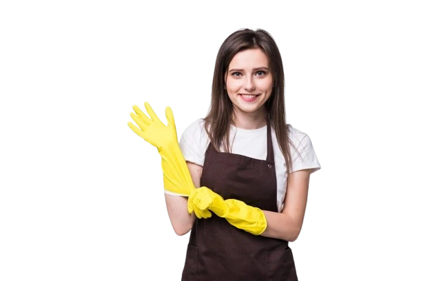 professional-cleaning-lady A smiling woman in yellow cleaning gloves prepares to clean, representing VV Maids Cleaning Services in NY.