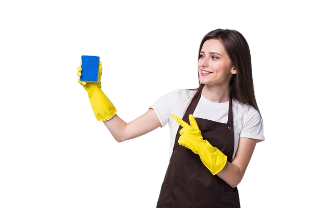 vvmaids-cleaning-removebg-preview A smiling woman in yellow gloves holds a blue sponge, representing VV Maids Cleaning Services in NY.