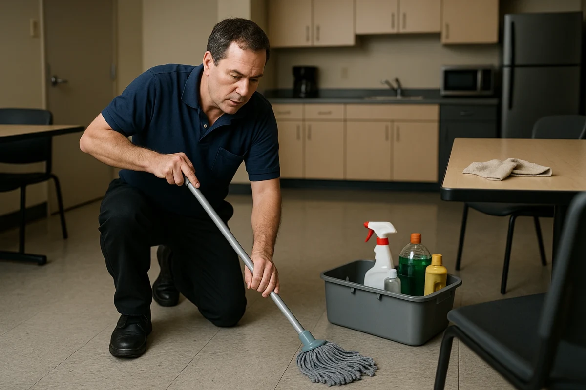Cleaner mopping the floor in break room