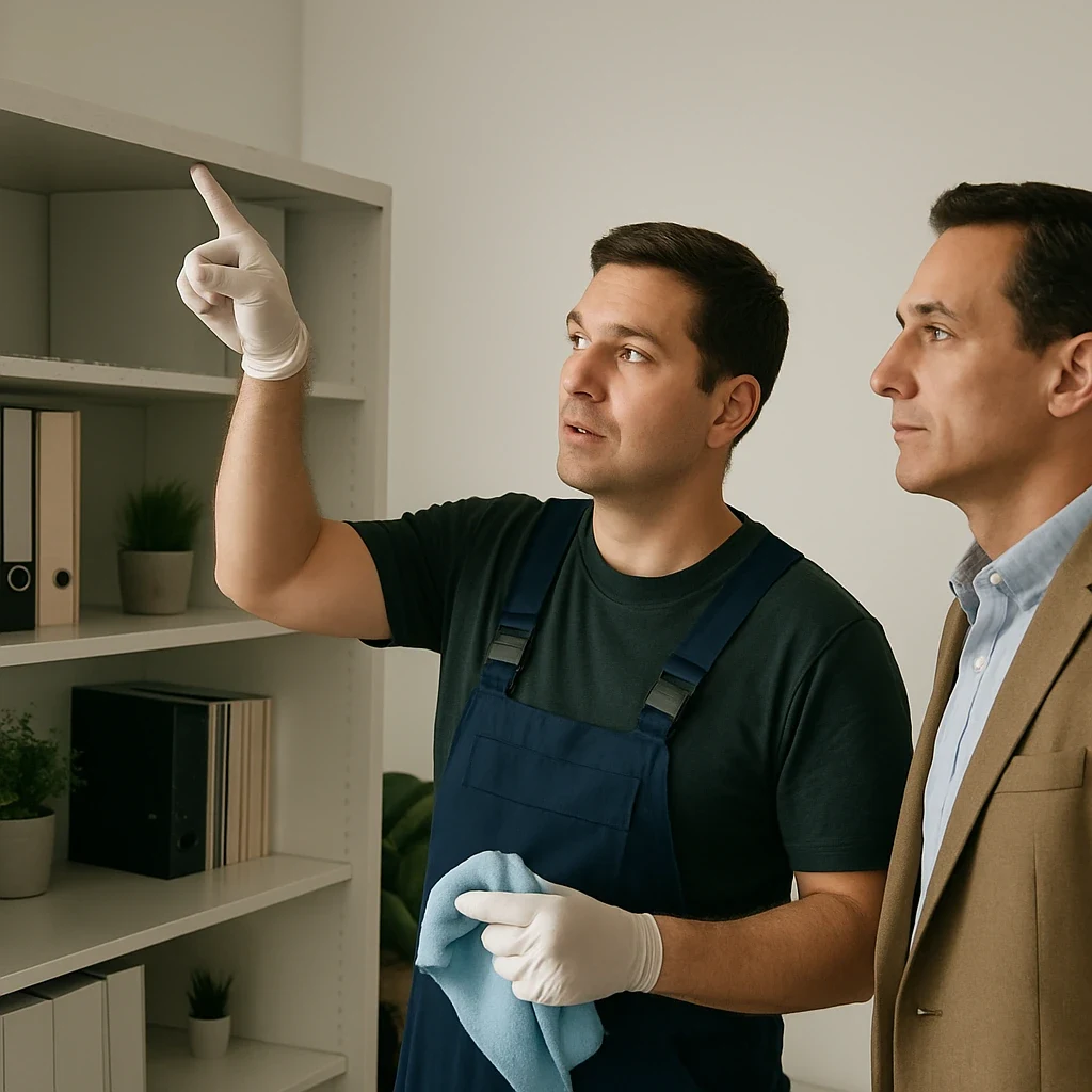 Cleaner pointing at high shelf with client
