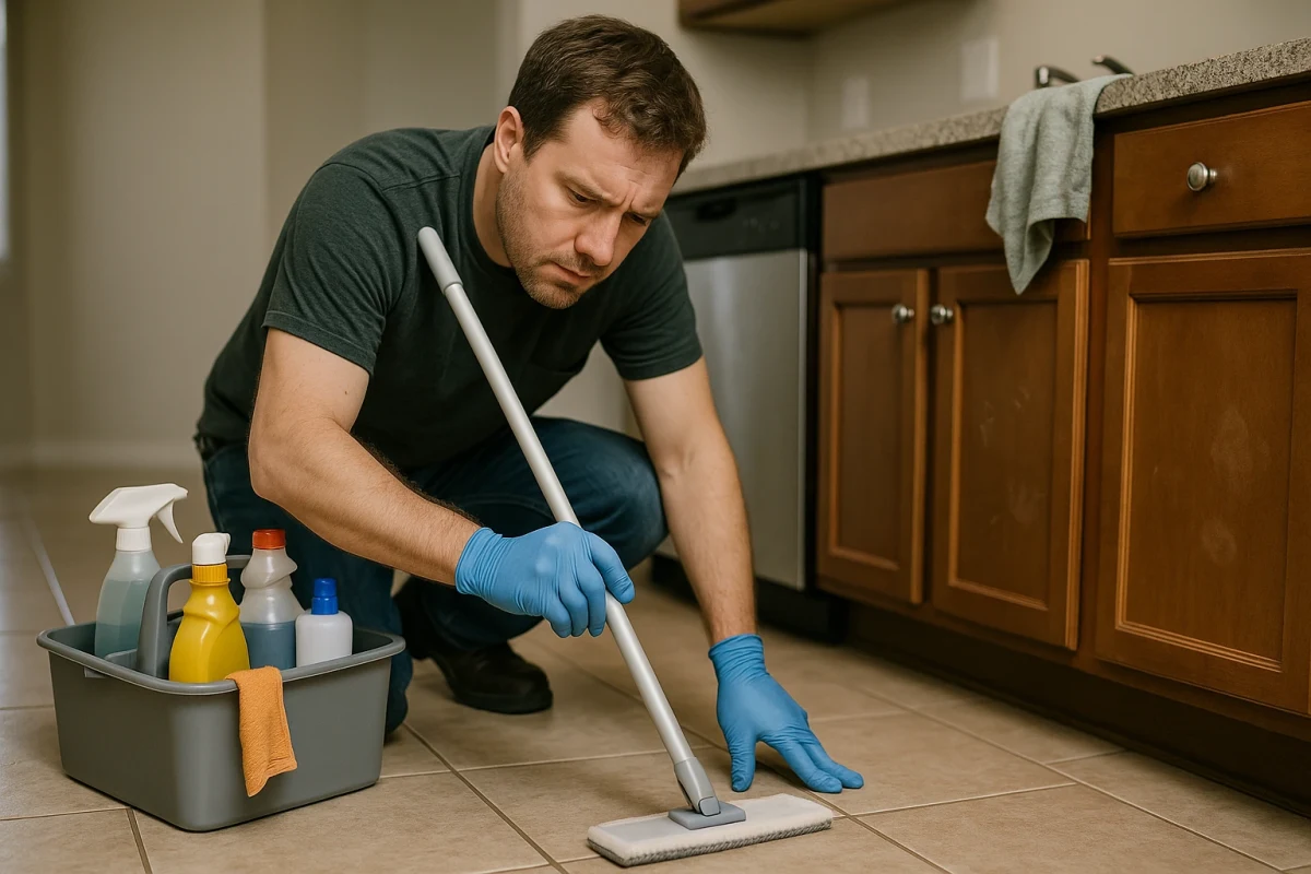 Cleaner scrubbing tile grout in kitchen