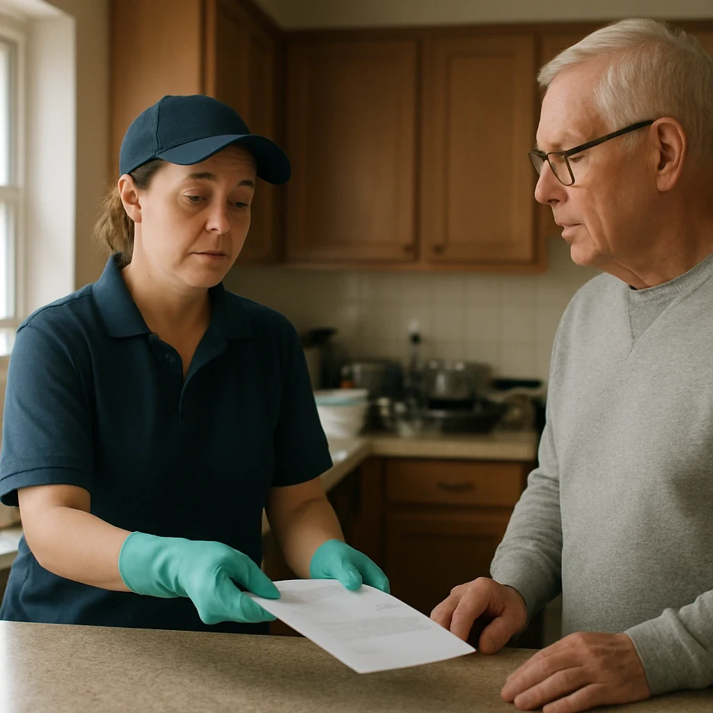 Worker handing invoice at kitchen counter