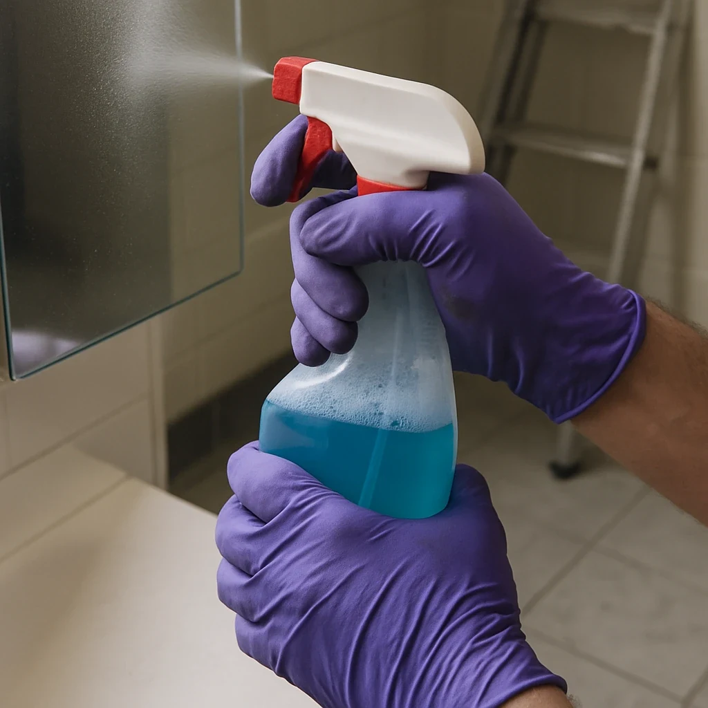 Close-up of hands using cleaning spray