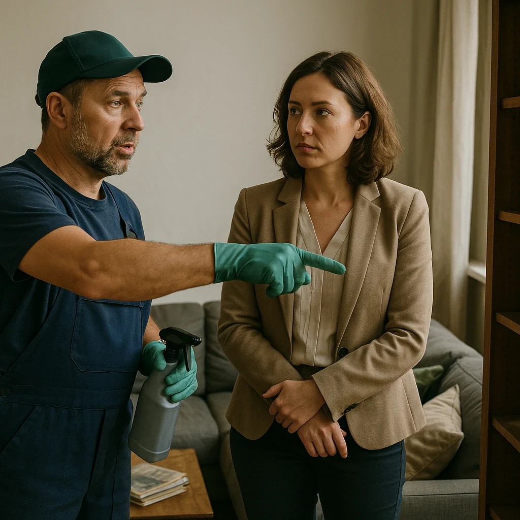 Worker explaining to client in living room