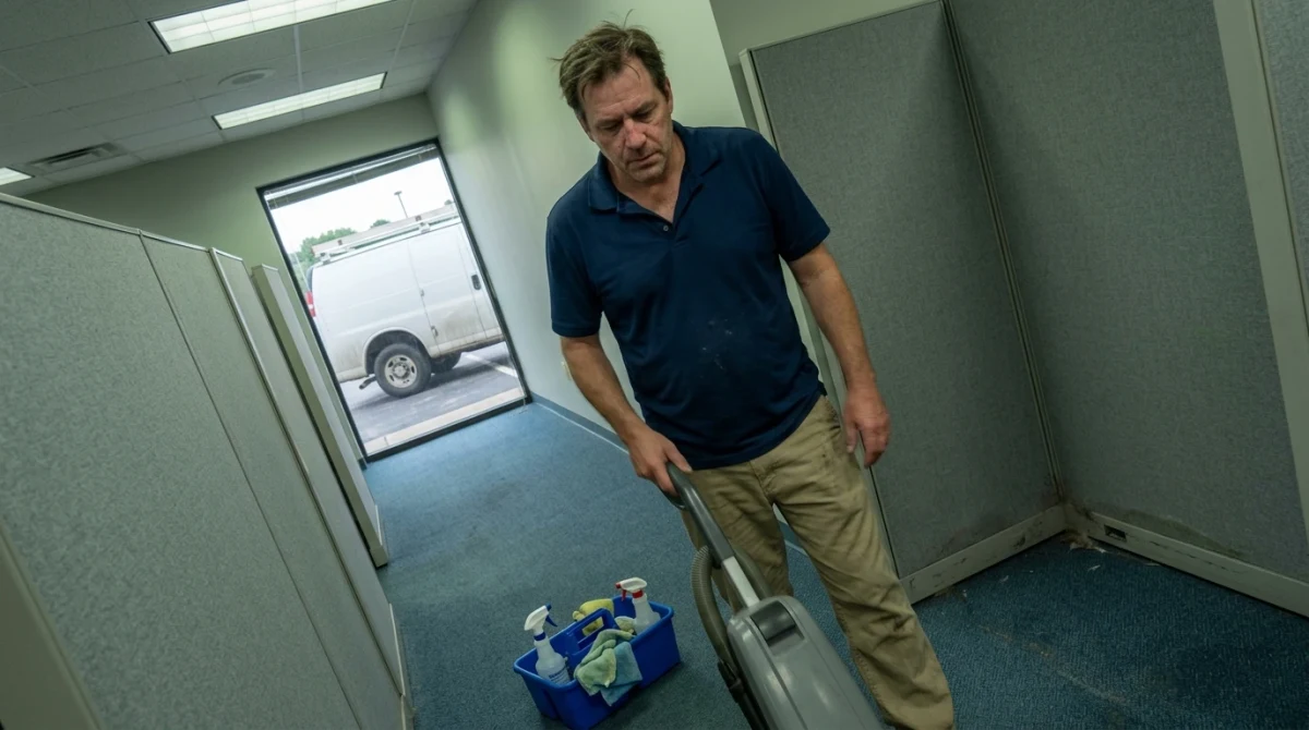 Cleaner vacuuming carpet in office space