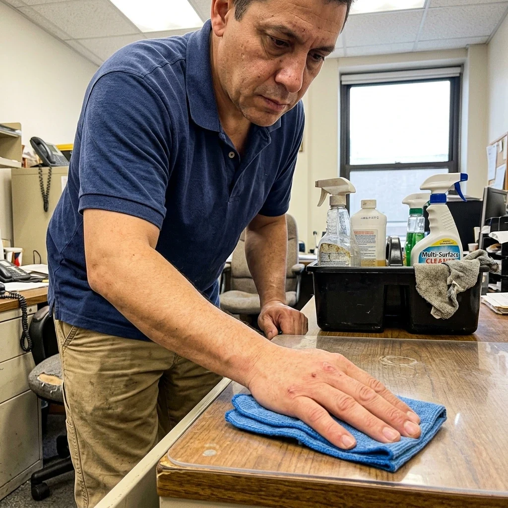 Hands using microfiber cloth on desk