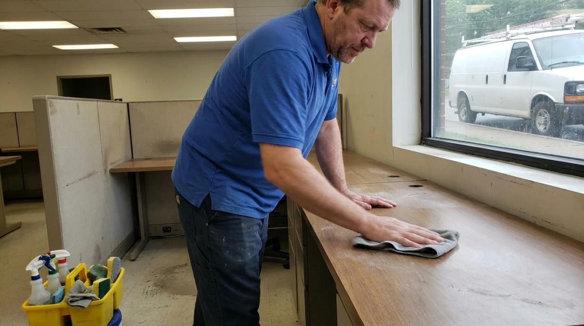 Office cleaner wiping down a desk