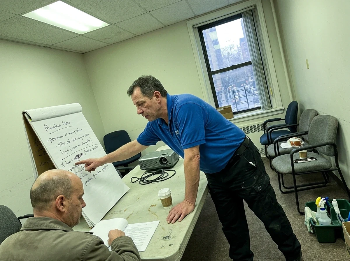 Cleaner discussing work with client