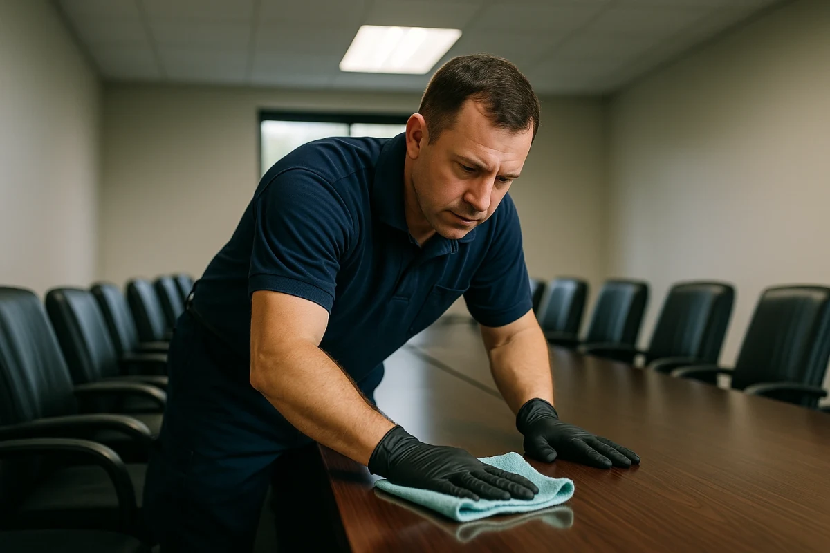 Cleaner wiping conference room table