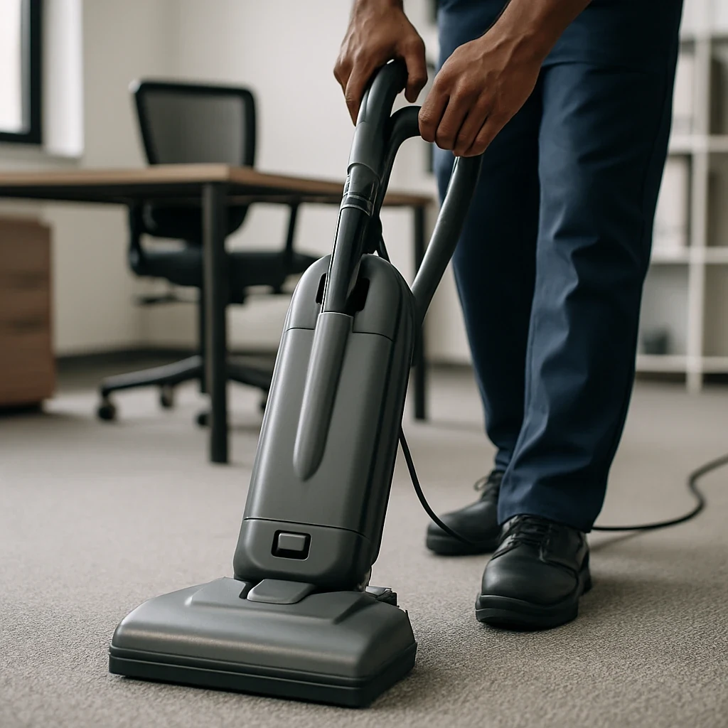 Hands using an upright vacuum