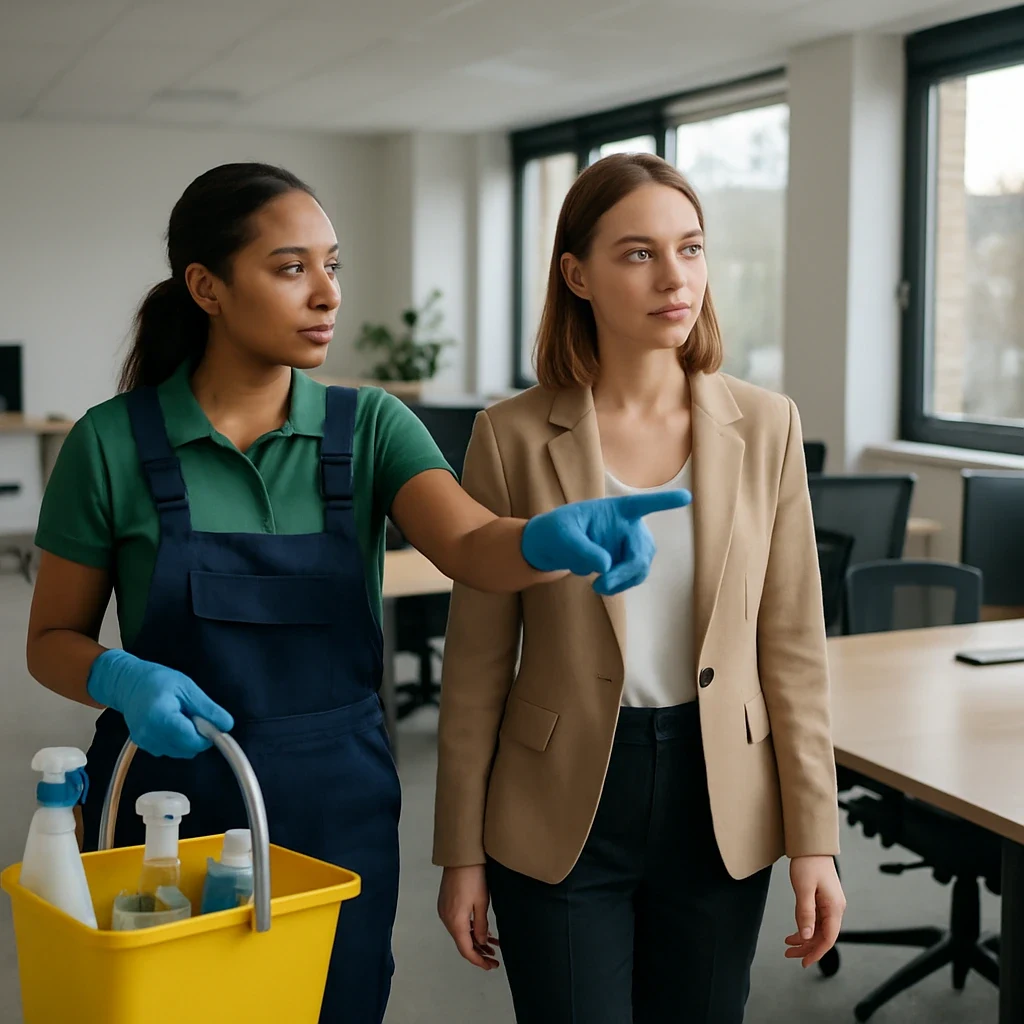 Cleaner explaining office cleaning to client