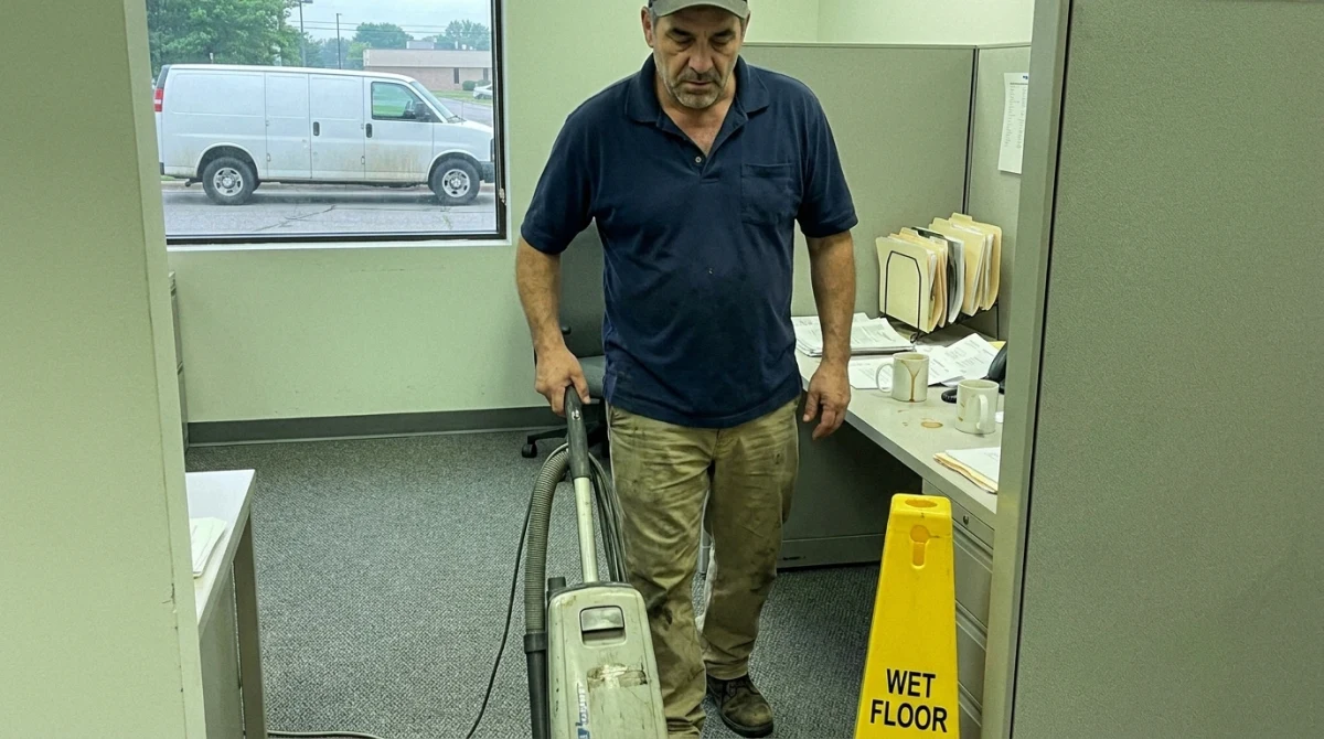 Office cleaner vacuuming a carpeted area