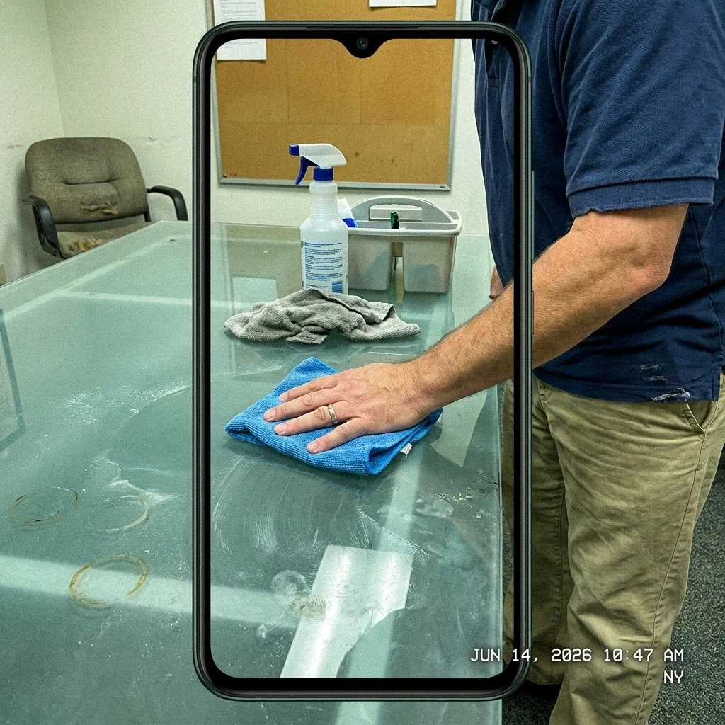 Cleaner scrubbing conference table close-up