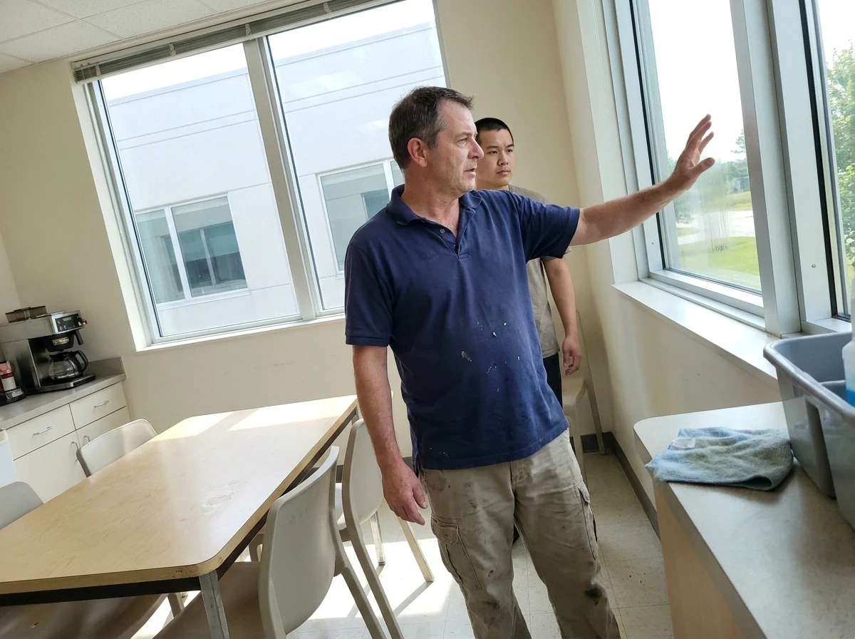 Cleaner gestures to cleaned office window