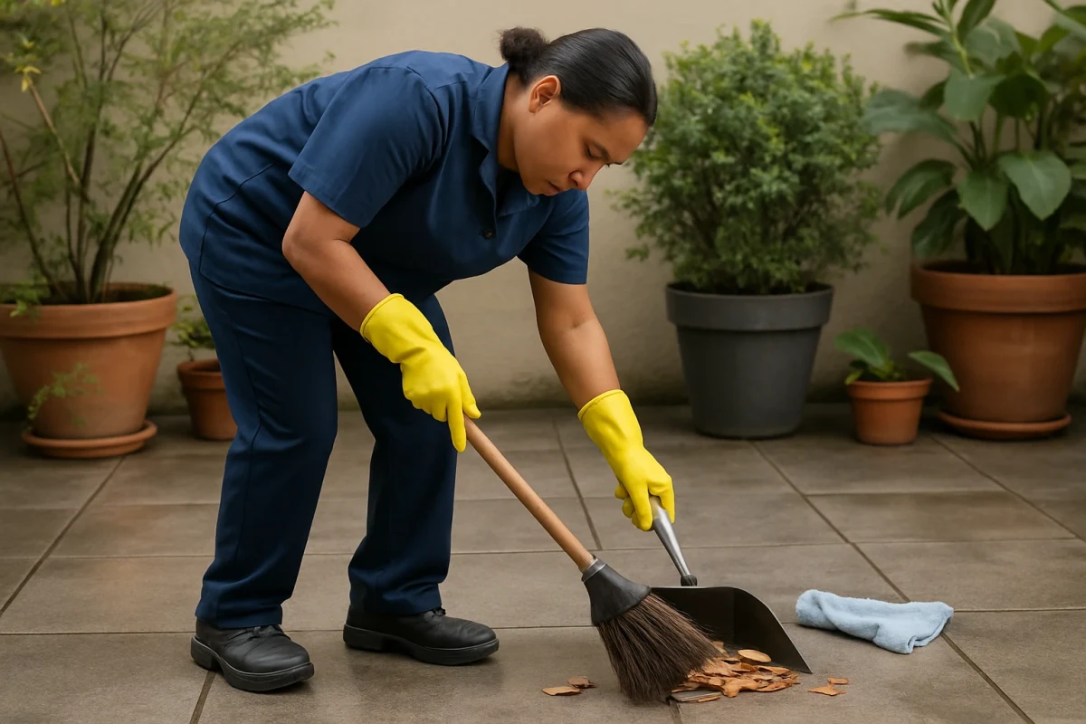 Cleaner sweeping patio with a broom