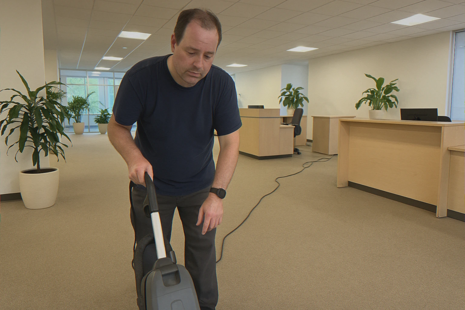 Cleaner vacuuming lobby carpet area
