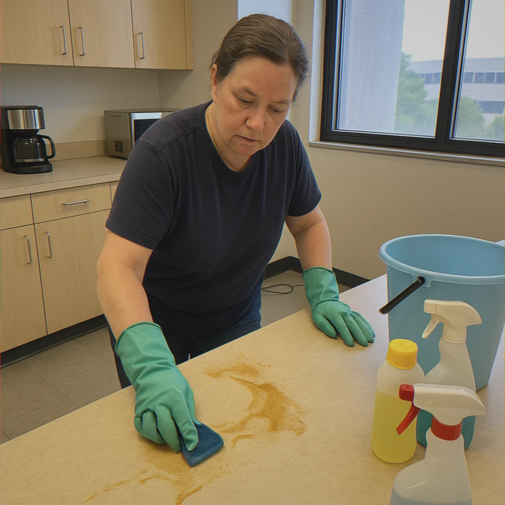 Scrubbing coffee stains in office kitchen