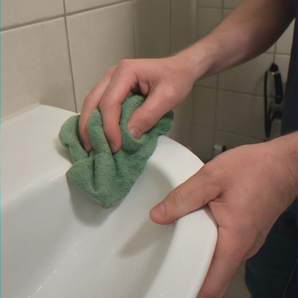 Hands cleaning sink with microfiber cloth