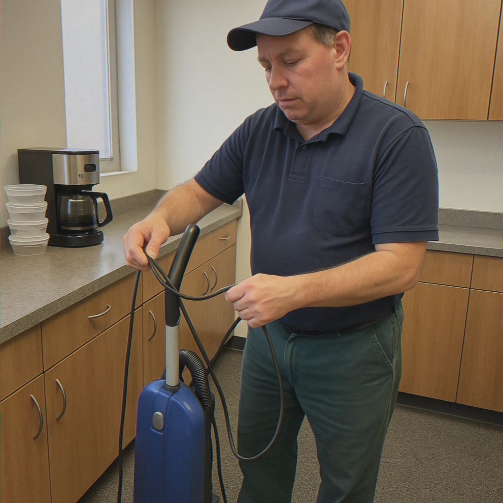 Cleaner vacuuming office kitchen area