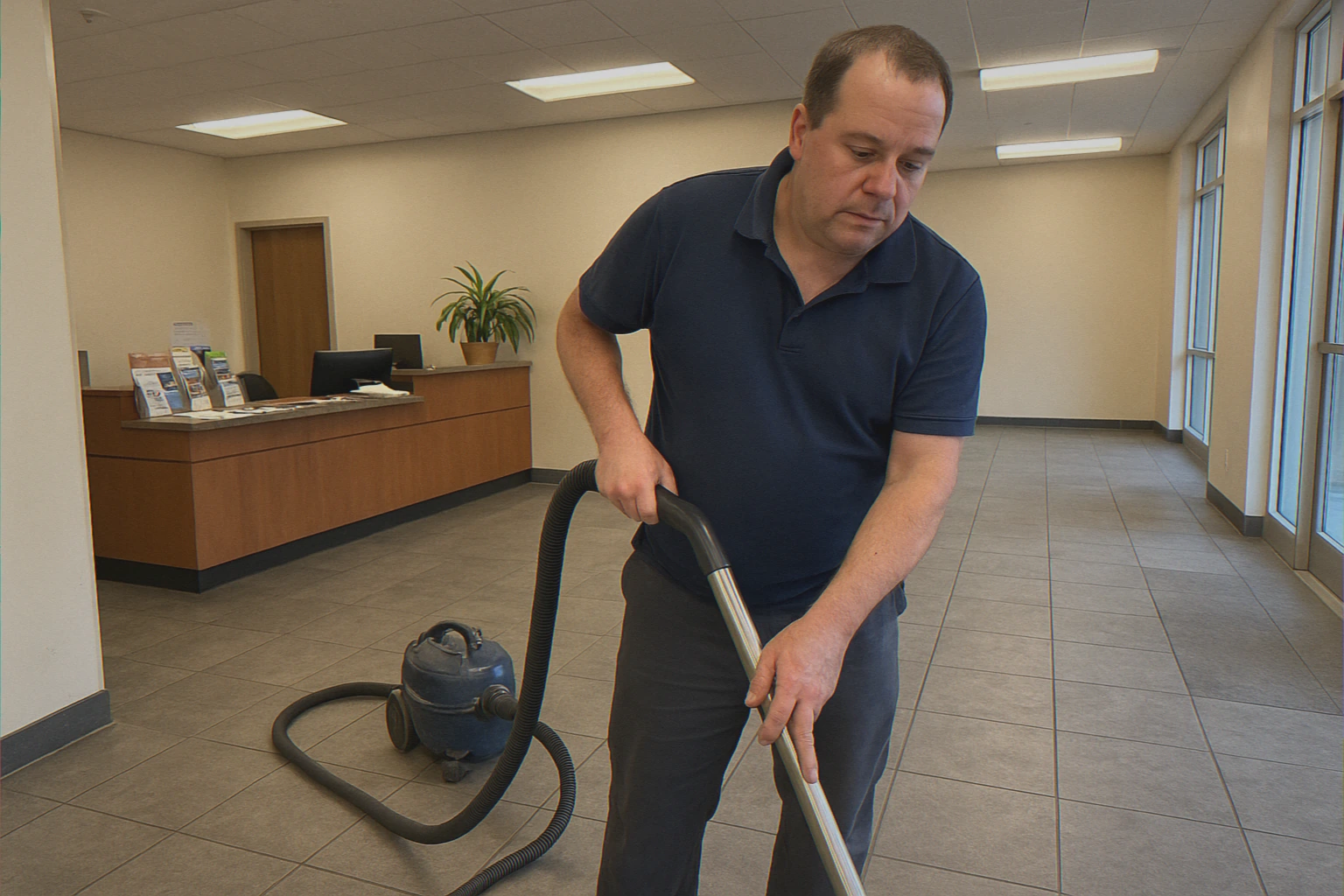 Maid vacuuming in building lobby area