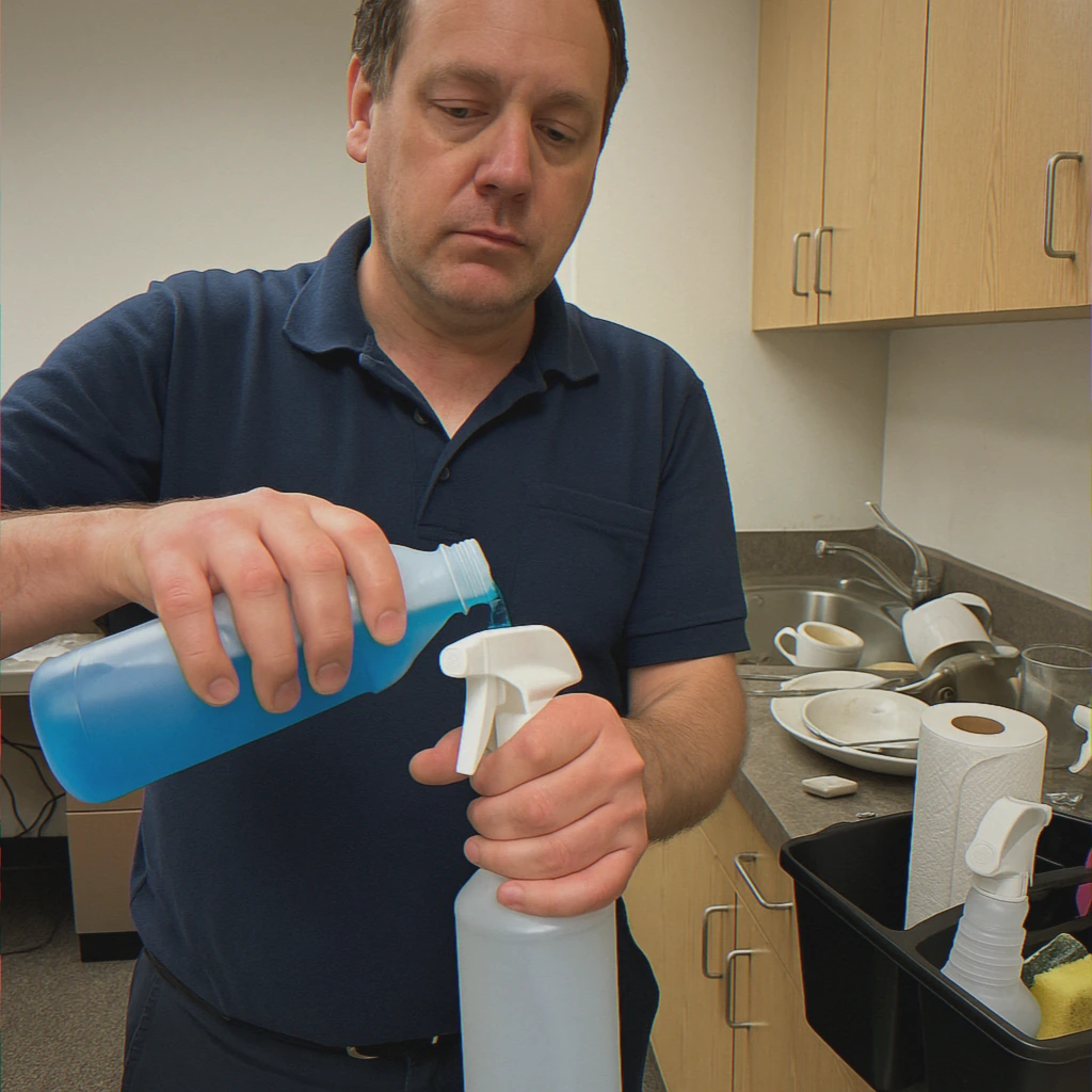 Cleaner pouring solution into spray bottle