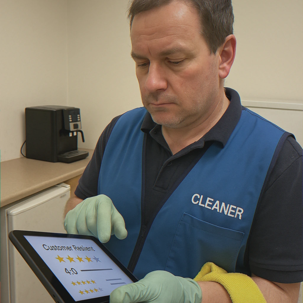 Cleaner researching reviews in break room