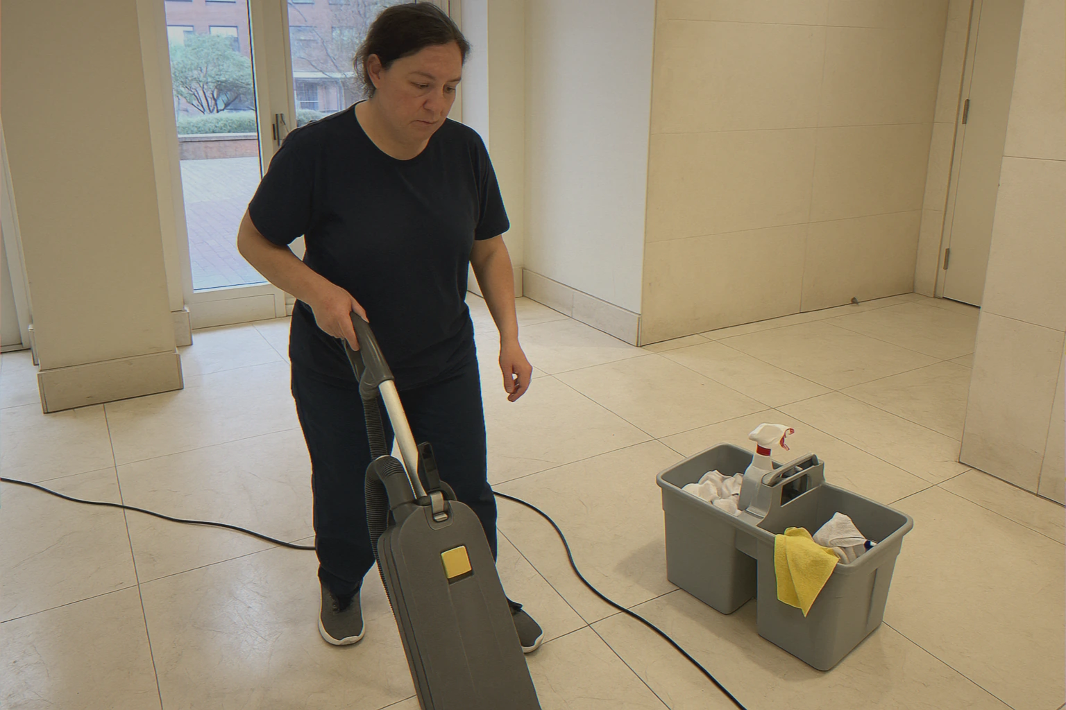 Cleaner vacuuming a bright lobby area