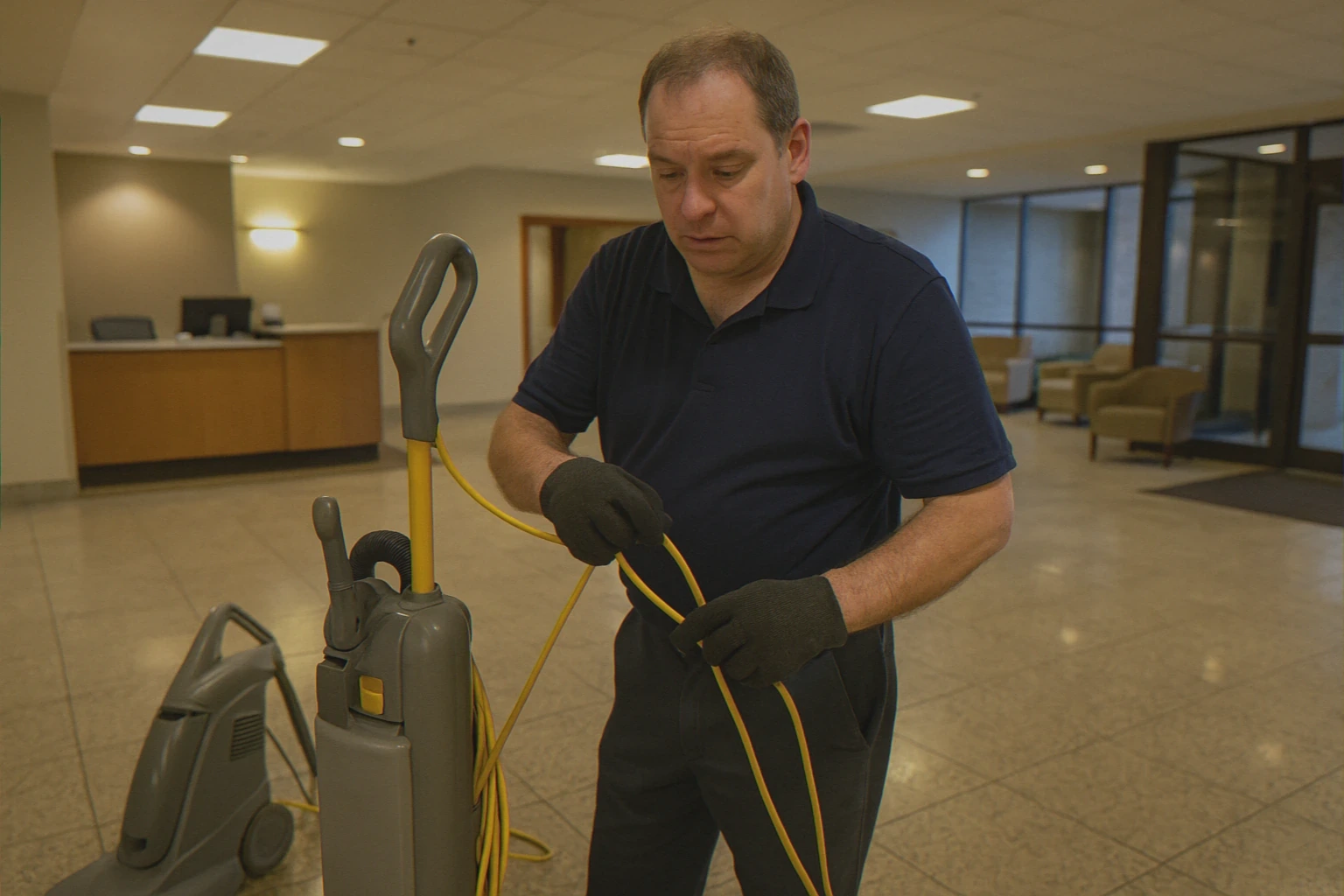 Cleaner vacuuming lobby area carpet