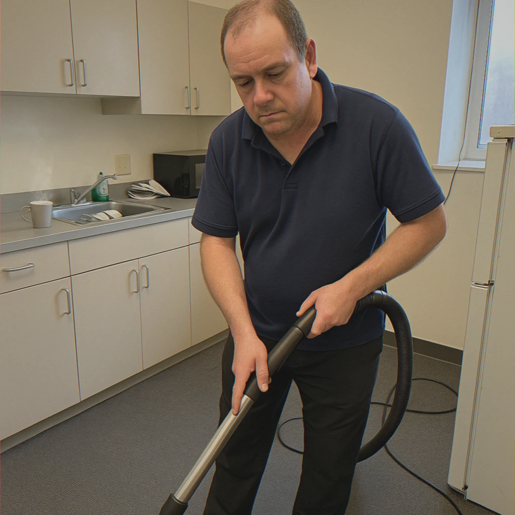 Cleaner vacuuming office kitchen carpet