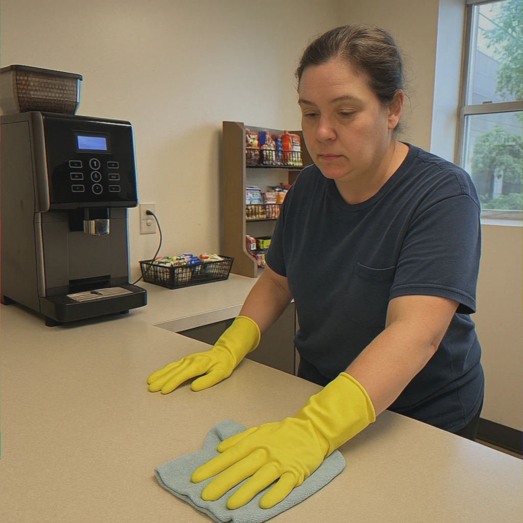 Cleaner wiping break room countertop