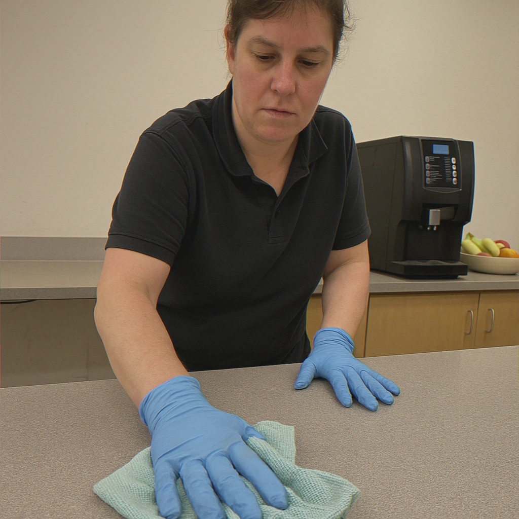 Cleaner wiping counter in office break room