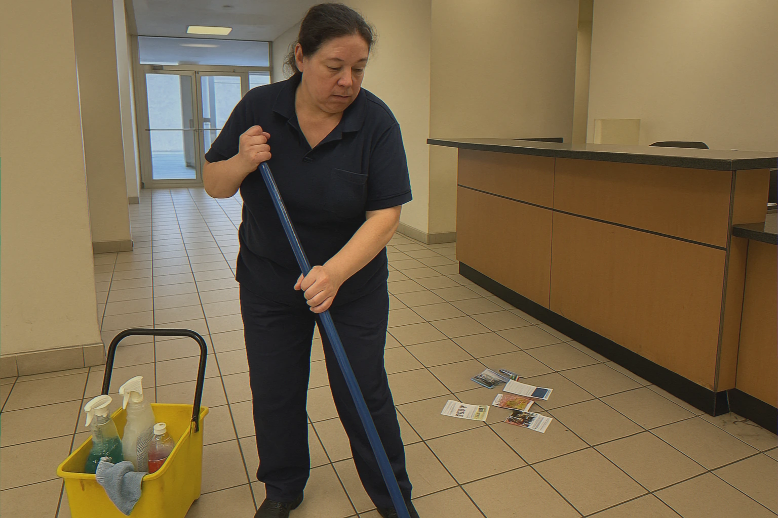 Cleaner mopping lobby tile floor