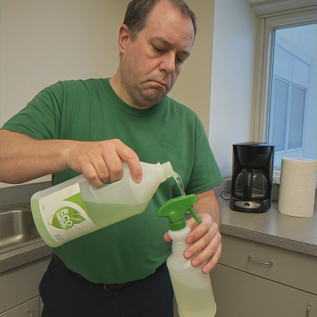 Worker filling spray bottle in kitchen